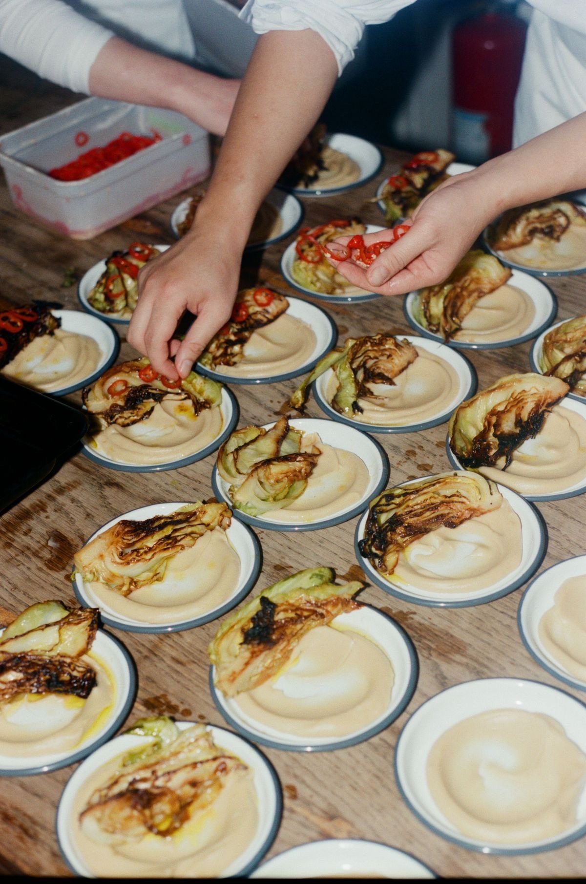Hands plating dishes for the dinner